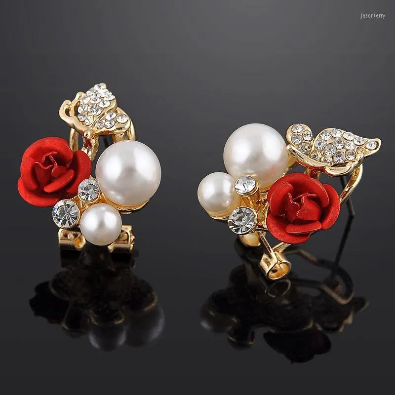 Boucles d'oreilles 2 pièces Vintage rouge Rose papillon boucle d'oreille Shellahrd strass cristal perle Brincos mode bijoux de mariage cadeau