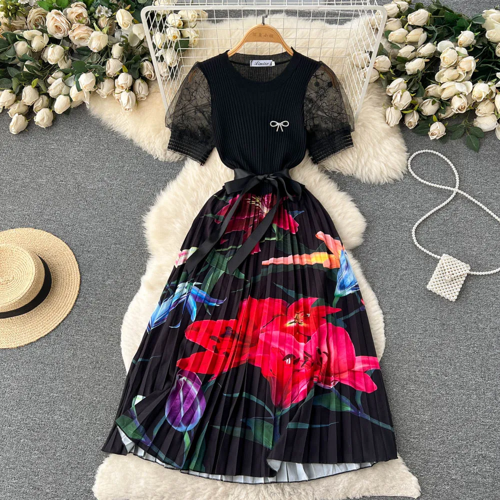 Casual jurken mode gebreide patchwork geplooDed One Piece jurken vrouwen elegante mesh puff puff mouw vlies buiging print lange nep tweedelige jurk 2023