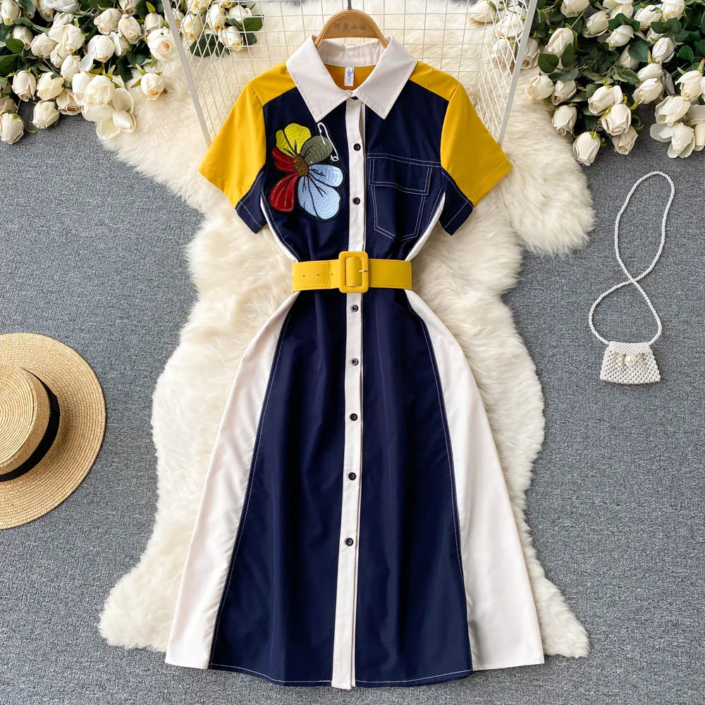 Casual Dresses Elegant OL Color Block Patchwork Shirt Dresses Women New Playful Casual Sequined Embroidery Flower Belt Summer Dress Vestido Mid 2023