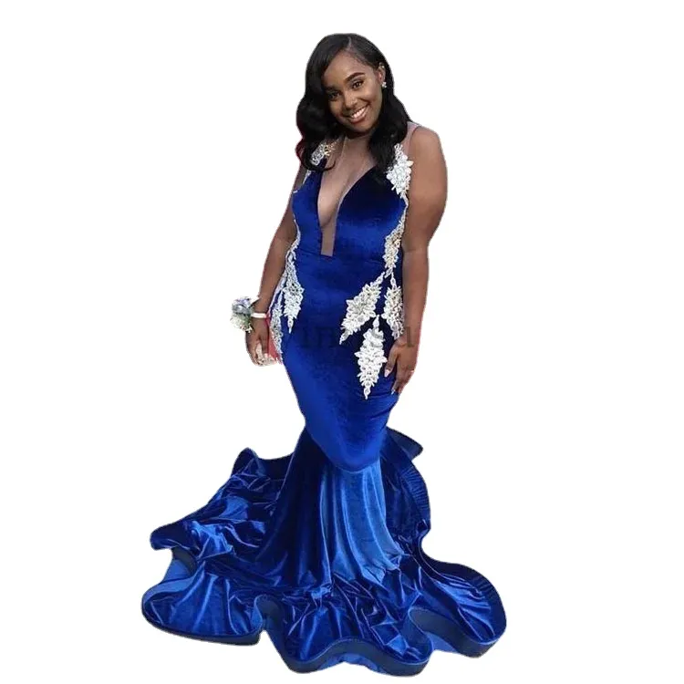 Sexy Royal Blue Velvet Mermaid Prom Dresses Deep V Neck Sweep Train Applique Plus Size Evening Party Gowns Special Occasion Dress