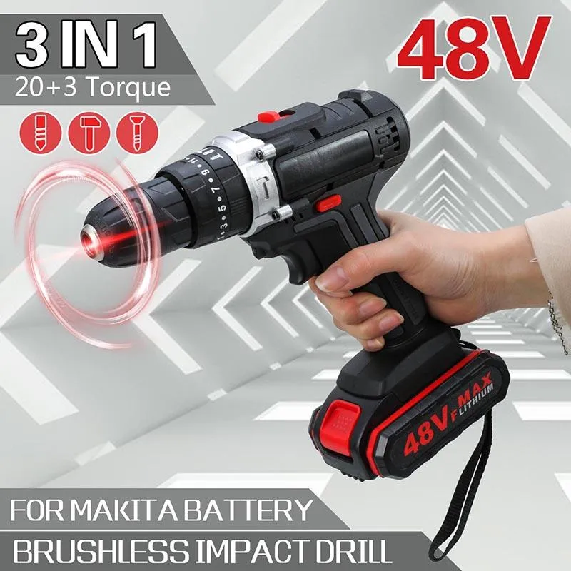 Boormachine Ru Stock 48VF Electric Drill Impact Drill Cordless Screwdriver Wireless Power Driver Lithium Battery Wrench Wireless Drill Set