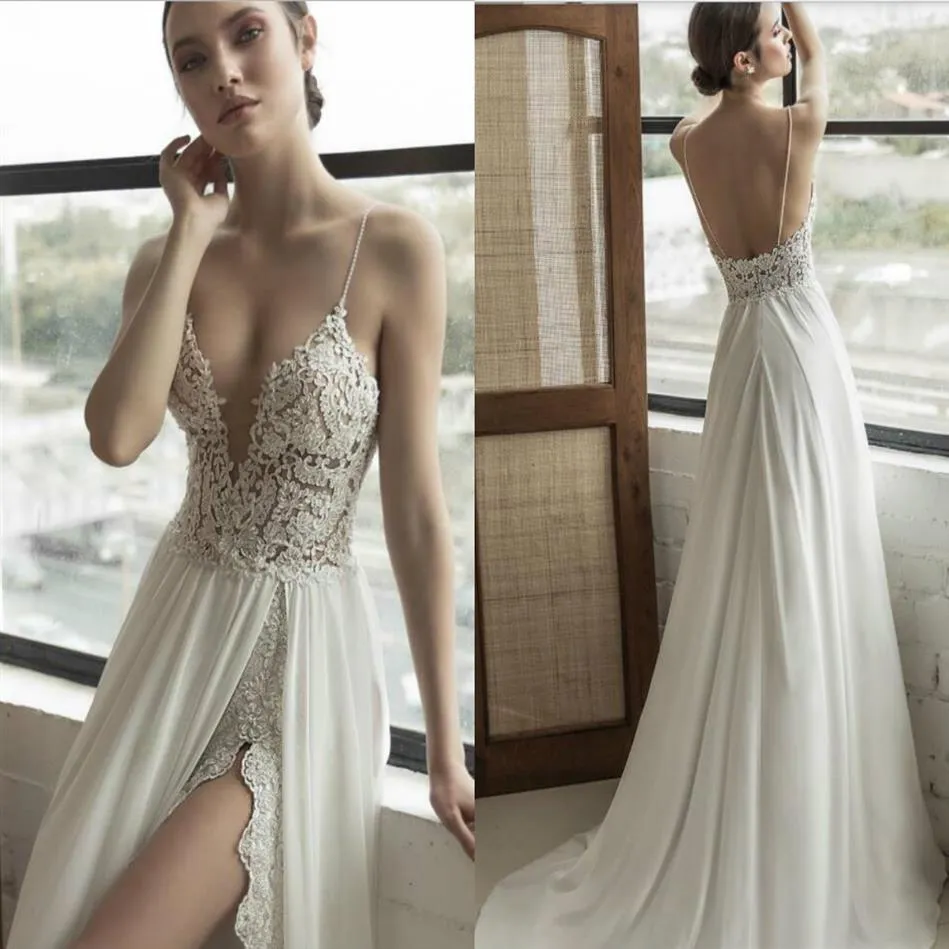 2019 Julie Vino Beach Wedding Dreess Side Spling Spaghetti Sweep Train Lace Applique Sexy Boho 신부 드레스 플러스 크기 Abiti da Spo257U