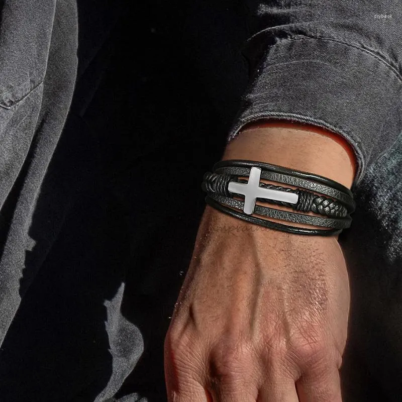 Men's Leather Cross Bracelet Casual Wristband, Stainless Steel Link,  Faith Jewelry Gift for Him, Religious Style