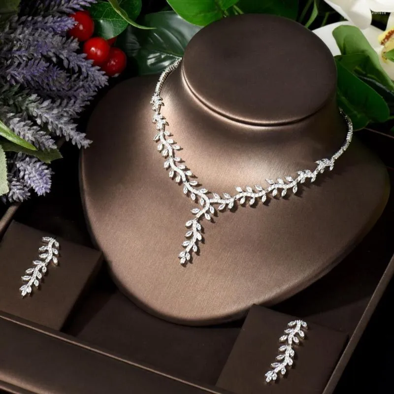 Серьги ожерелья набор Hibride Elegant Leaf Drop Африканские нигерийские серьги CZ Наборы невест свадебные украшения для женского платья N-1469