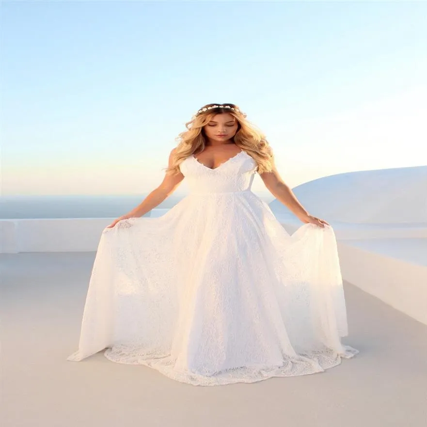 Nya sommarkvinnor Chiffon White Dress V Neck spets Långa klänningar Sexig bandage Back Beach Maxi Dress Wedding Dresses2246