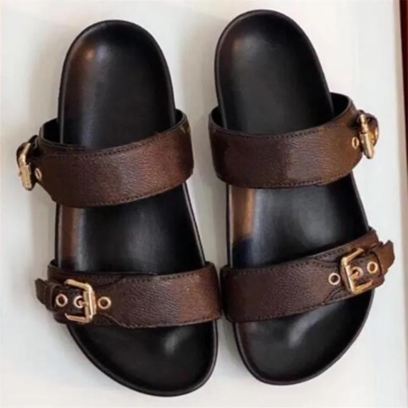 Designer Tofflor slides skor sandaler Sommar Flats Sexiga äkta läder plattform Skor Dam Beach Enkelt Snygga Slides 2 remmar med justerade guldspännen