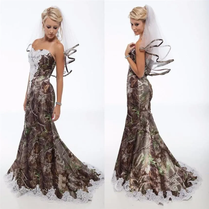 Vintage Sweetheart Lace Mermaid Camo Abiti da sposa Backless Sweep Train vacanze estive spiaggia country Camouflage Abiti da sposa280B