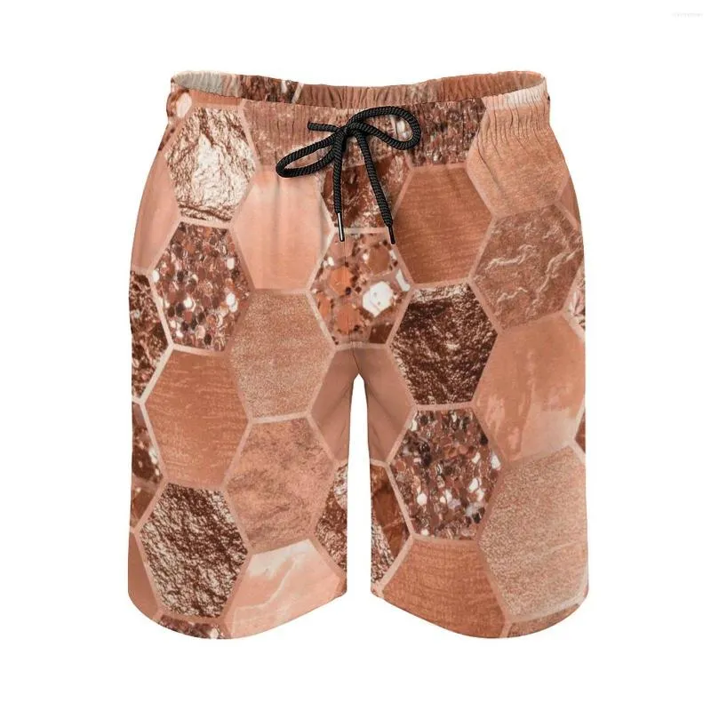 Pantaloncini da uomo Rose Gold Hexaglam Blonde Spiaggia da uomo Stampa 3D Tavola da surf allentata Costumi da bagno Geometric Geo Hexagon