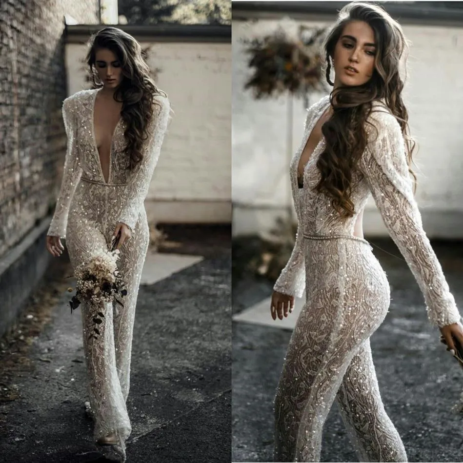 Bohemian 2021 Jumpsuits Wedding Dresses Lace Appliqued Bridal Gowns Deep V Neck Beaded Crystal Boho Robes De Mariee314G