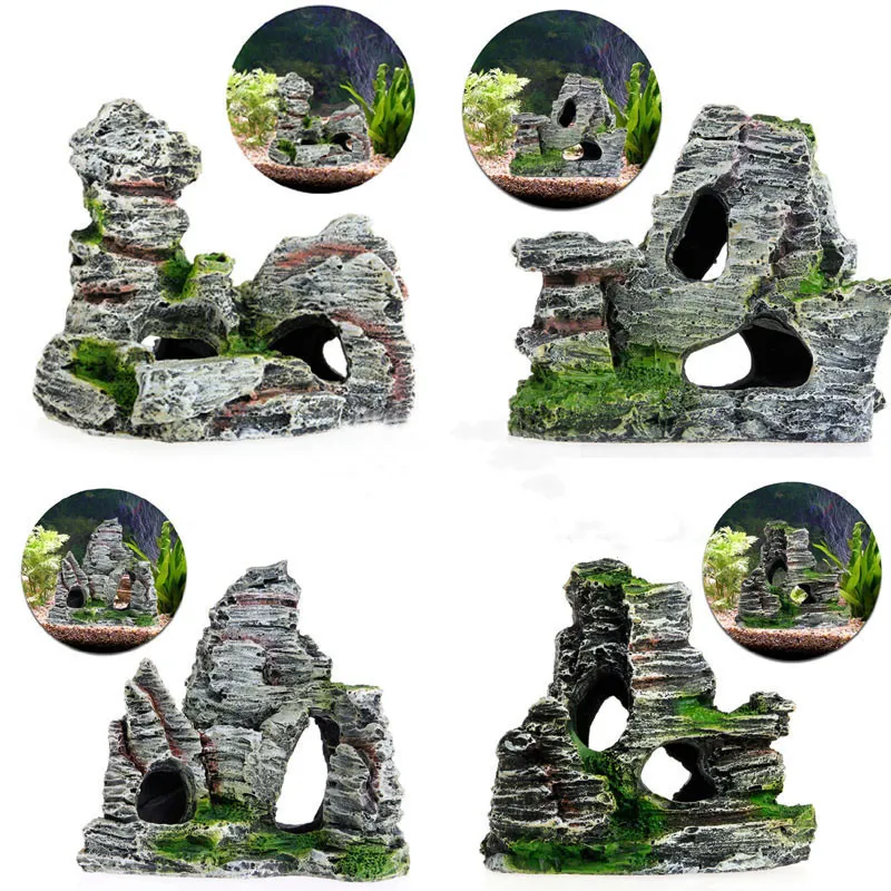 Украшения 1pcs эмуляция рокая горная вид каменная пещера каменного дерева дом смола ремесло