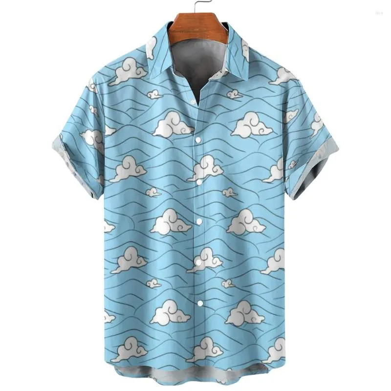 Herren Freizeithemden Frühling Sommer Herren Knopf Revers Hellblaues Hemd Weiß Xiangyun 3D-Druckmuster Hawaiian Kurzarm
