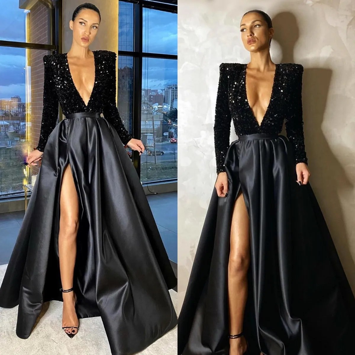 Elegant Black Sequins Prom Dresses Plunging V Neck A Line Party Evening Gowns Pleats Long Sleeves Slit Semi Formal Red Carpet Long Special Occasion dress