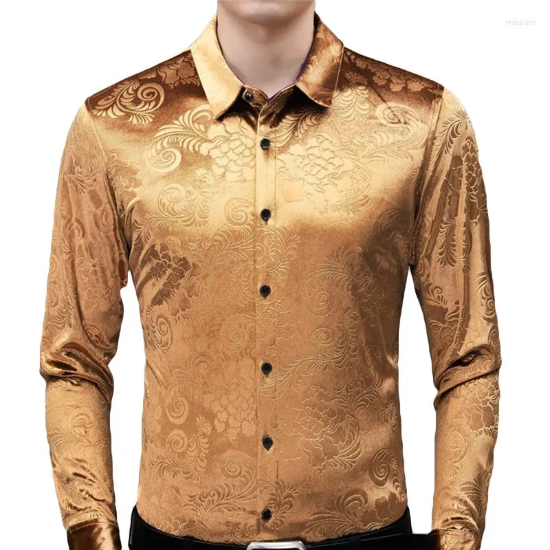 Męskie koszule męskie męskie zielone aksamitne kwiatowe 2023 Slim Fit Long Rleeve Velor Shirt Men Button Down Mężczyzna