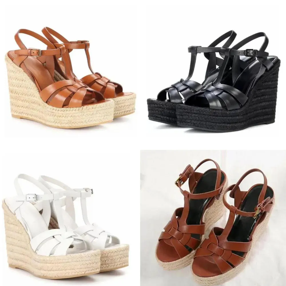 Sandales compensées pour femmes modernes en cuir de veau tissage chinois nouage rotin herbe tissé chaussures à talons compensés confortable robe de soirée sexy fête EU35-43