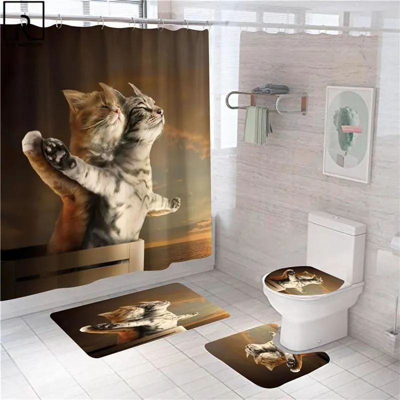 Tende Tenda da doccia con stampa di gatti divertenti Interessante animale Unicorno Tende da bagno Tappetino Decorazioni per toilette Schermo per vasca Accessori per il bagno