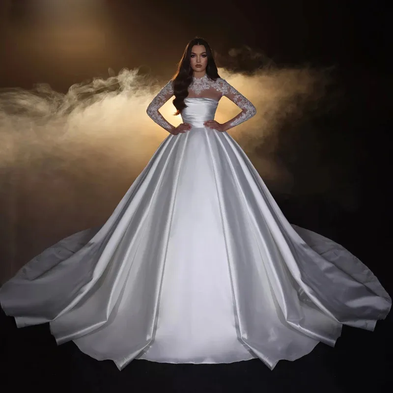 Clássico vestido de baile sem alças vestidos de noiva com apliques de jaqueta miçangas manga comprida vestido de noiva princesa plissado cetim igreja vestido de novia