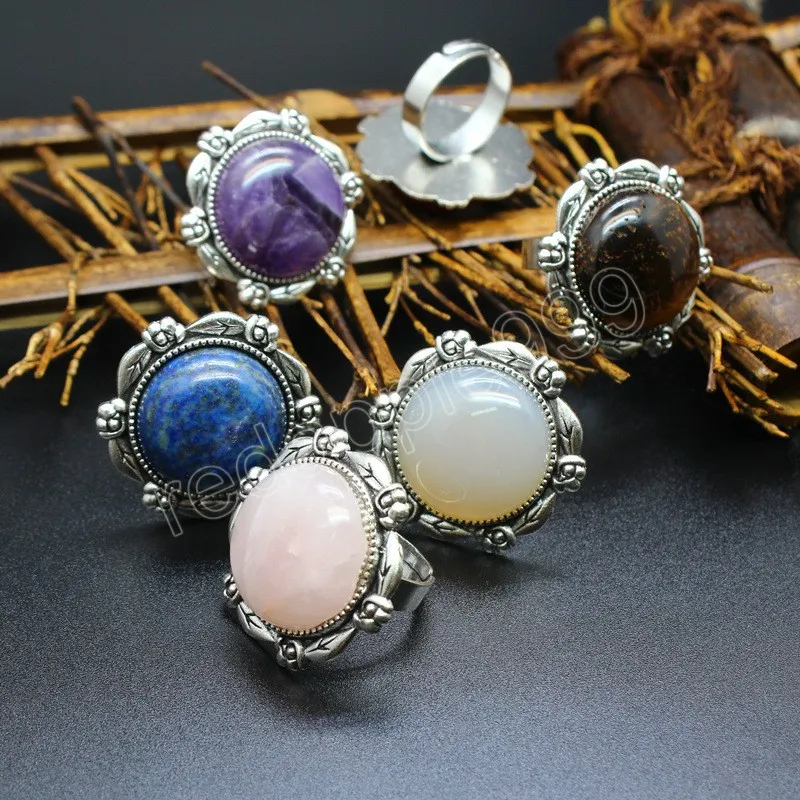 Big Round Natural Stones Rings for Women Reiki Crystal Turquoises Pink Quartz Adjustable Ring Bands Statement Jewelry Retro