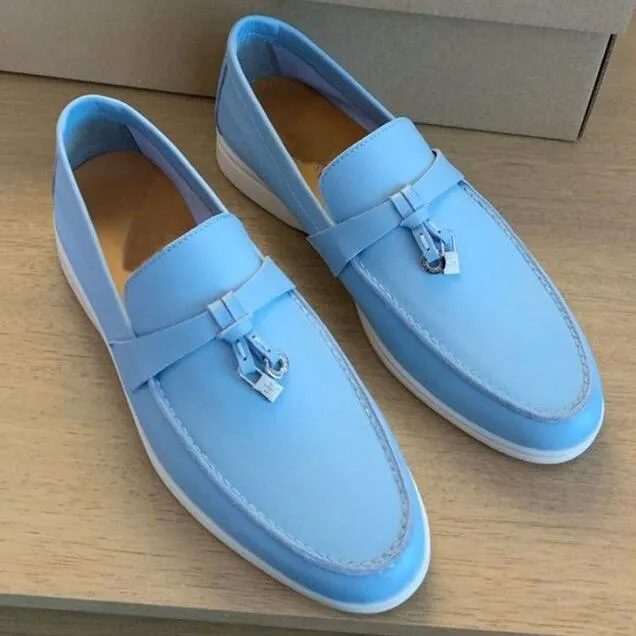 Lyxdesigner skor charms utsmyckad promenad mocka loro.piana loafers par mens läder casual slip på lägenheter för män kvinnor sport klänning sko 36-46 låda