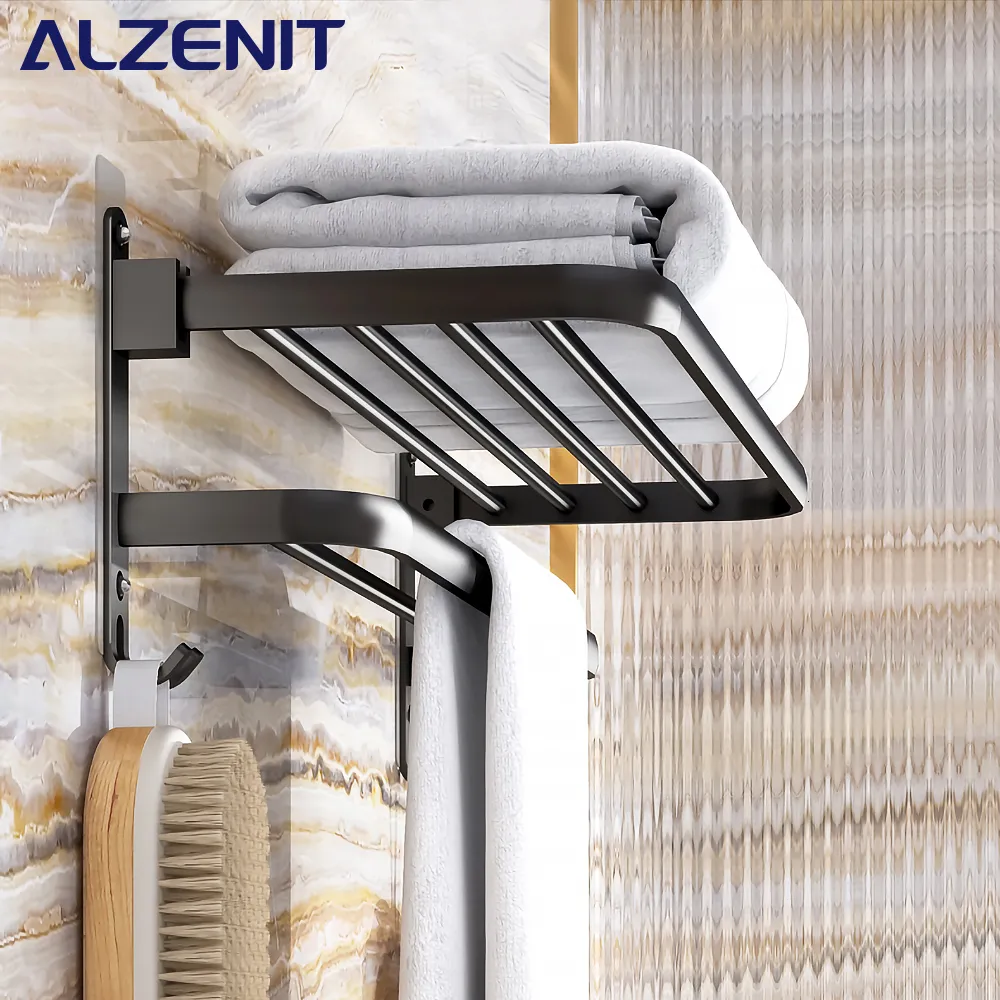 Wall Mounted Towel Rack with Hooks Movable Aluminum Shower Hanger 50-60 ...