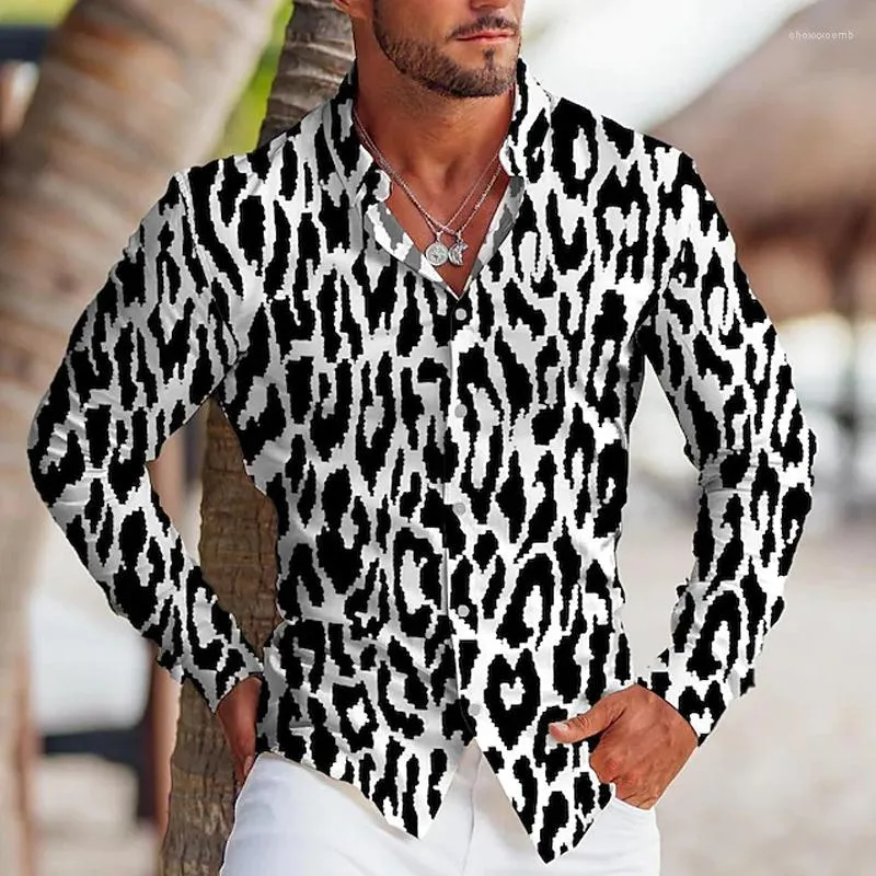 Camisas casuais masculinas moda superdimensionadas para homens de impressão de leopardo de manga longa roupas masculinas havaianas e blusas