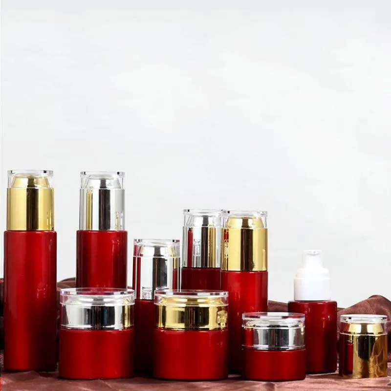 Red Glass Jar Cream Bottles Round Cosmetic Jars Hand Face Cream Spray Pump Bottle Jars with Gold/Silver Acrylic Lid 20g-30g-50g Kexge