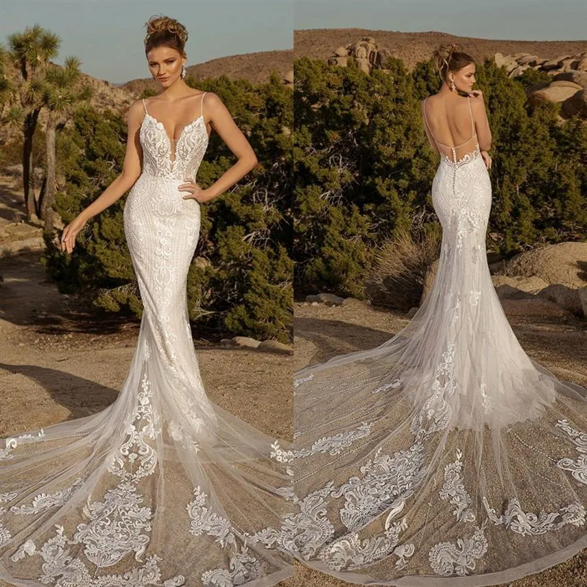 2021 Nieuwe Trouwjurken Spaghettibandjes Kant Kralen Applique Mermaid Bruidsjurken Custom Made Open Back Sweep Train Wedding Dre2979