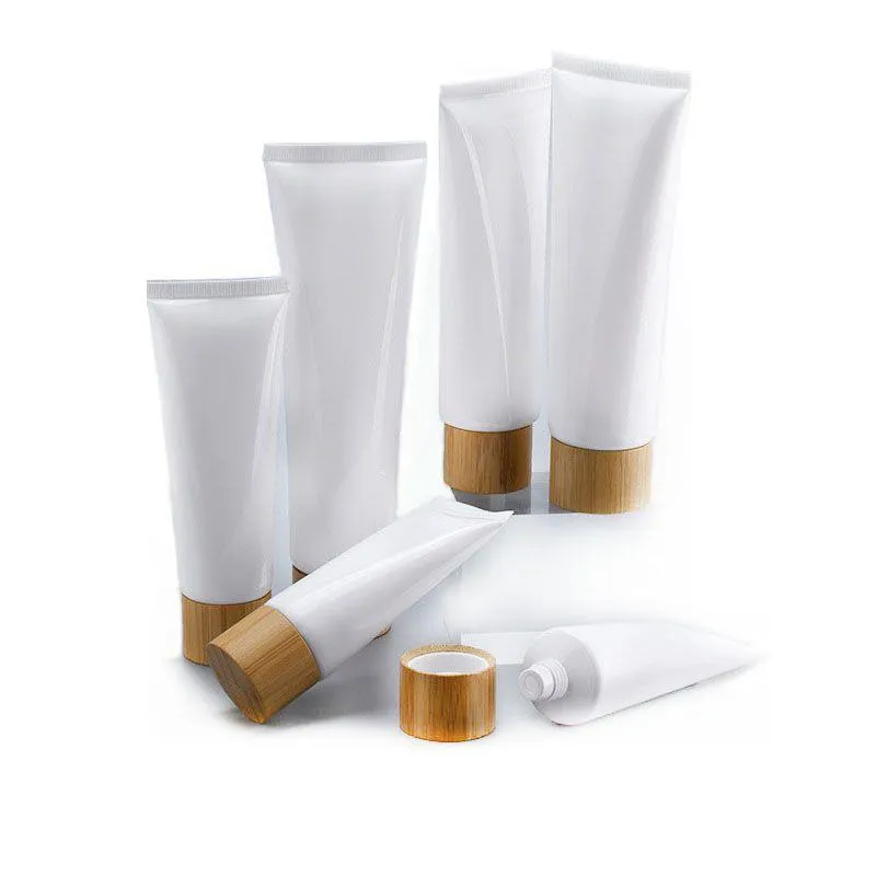 Tubi vuoti in plastica bianca da spremere, vasetti per crema cosmetica, contenitore riutilizzabile per balsamo per labbra da viaggio con tappo in bambù Ghjue