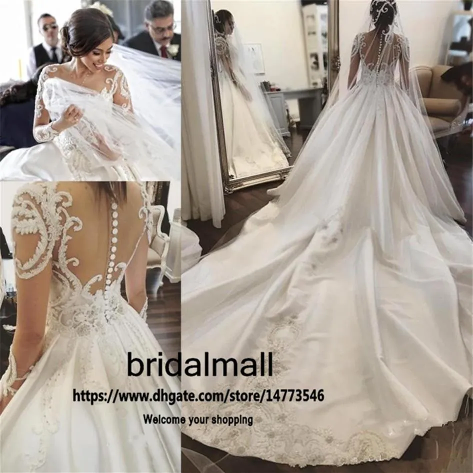Dubai Arabic Long Sleeves Ball Gown Wedding Dresses 2022 Luxury Lace Appliques Middle East Bridal Gowns Church Royal Wedding Dress245N