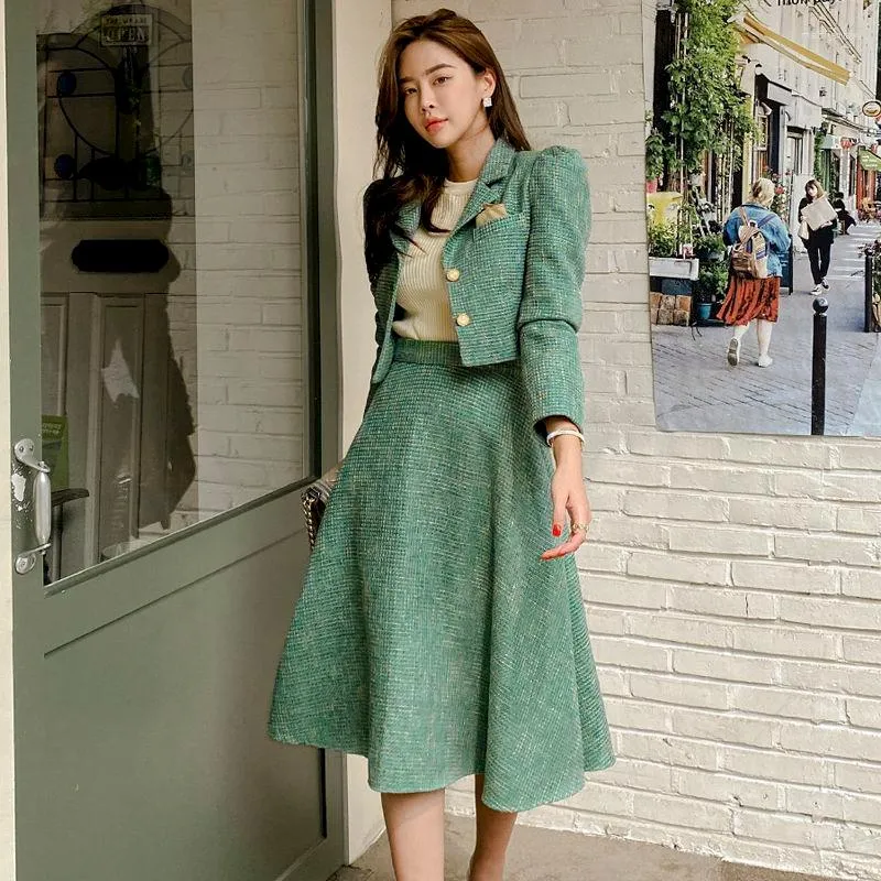 Two Piece Dress UNXX Vintage Ladies 2 Pieces Skirt Suits Short Jackets & High Waist A-line Midi Skirts 2023 Autumn Winter Elegant Women