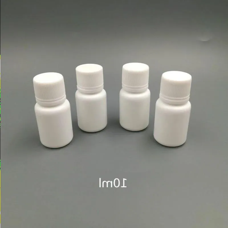 100pcs 10ml 10cc 10g小さなプラスチック容器シールキャップのふたが付いたピルボトル、空の白い丸いプラスチックピル薬ボトルjosoj