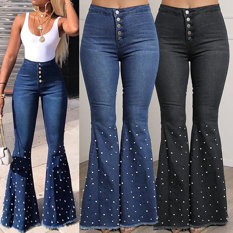 Jean taille moyenne évasé extensible pour femmes, pantalon en Denim, jambes larges, décontracté, Style coréen, slim, cloche, poche inférieure