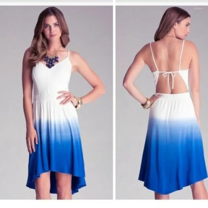 Casual Dresses Dress Summer 2023 White-Blue Gradient Halter Woman With Short Front and Long Back Bohemian Ladies Clothing