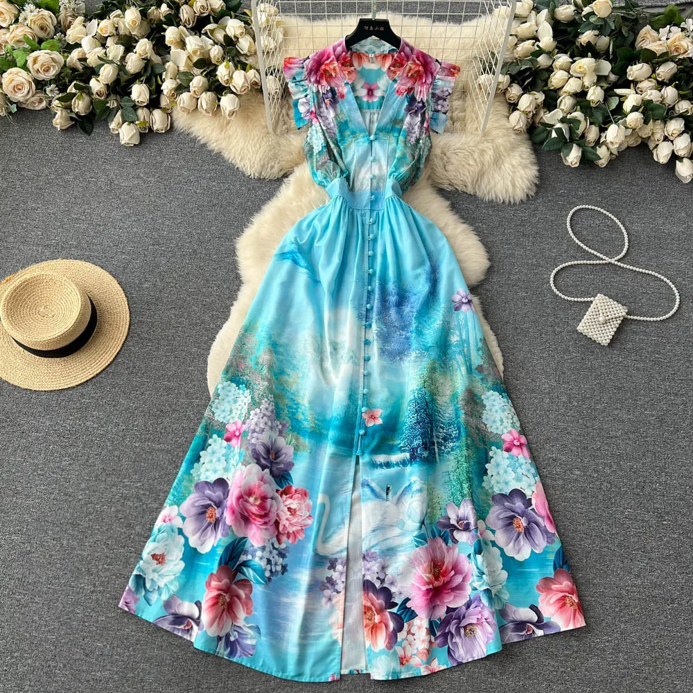 Vestidos casuais passarela verão boêmio vestido maxi roupas femininas manga voadora busto único estampa floral robe longo vestidos de festa azul 2023