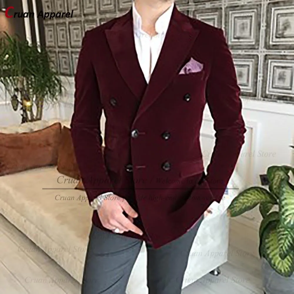 Blazers (One Blazer) Classic Wine Red Velvet Men Blazers Slim Fit Wedding Groomsman Groom Suit Jacket Dubbel Breasted Coat Tuxedo Tops