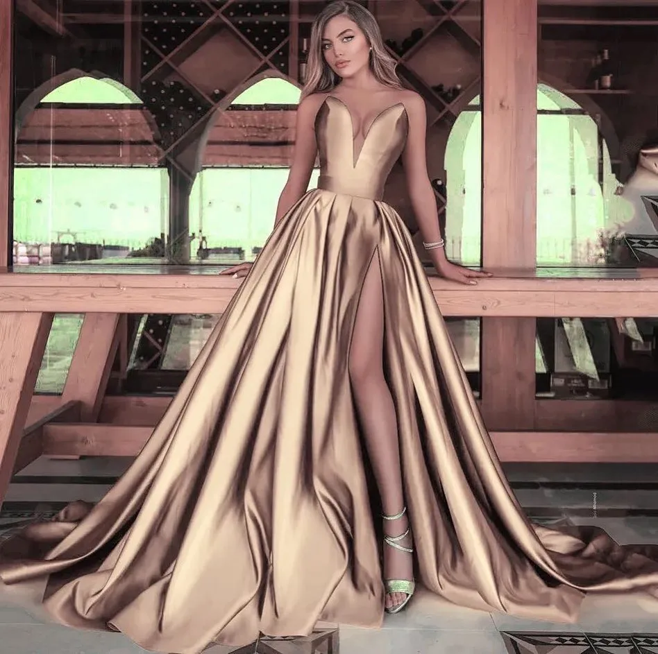 Plunge V Neck A Line Prom Dresses Sleeveless Pleated Slit Evening Gowns Semi Formal Red Carpet Long from Dhgate Prom Dresses - price 281.05 Plunge V Neck A Line Prom Dresses Sleeveless Pleated Slit Evening Gowns Semi Formal Red Carpet Long from Dhgate Prom Dresses - price 281.05