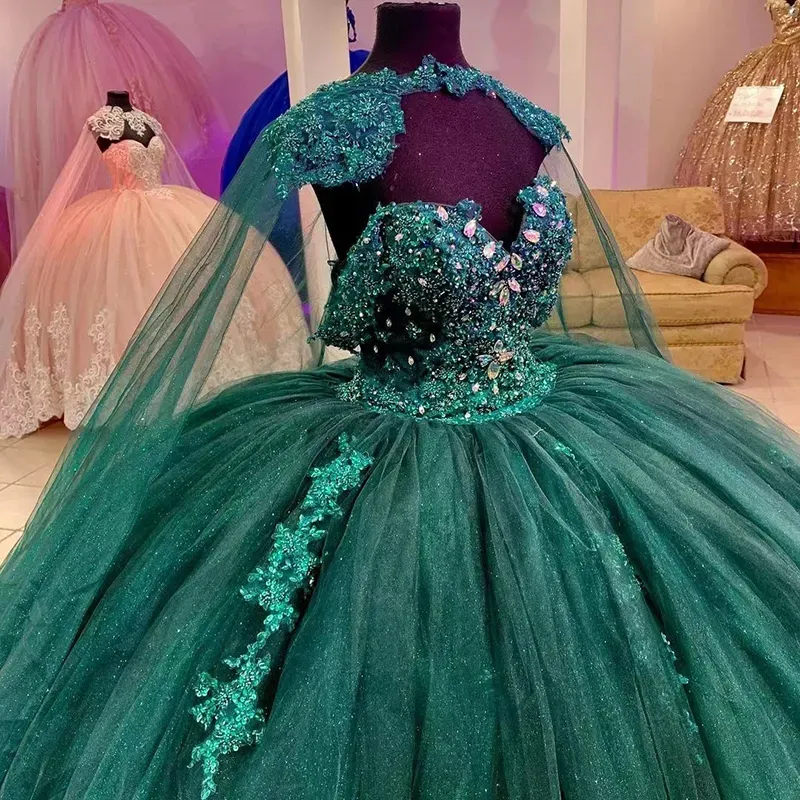 Dark Green Dark Green Quinceanera With Beaded Lace Applique