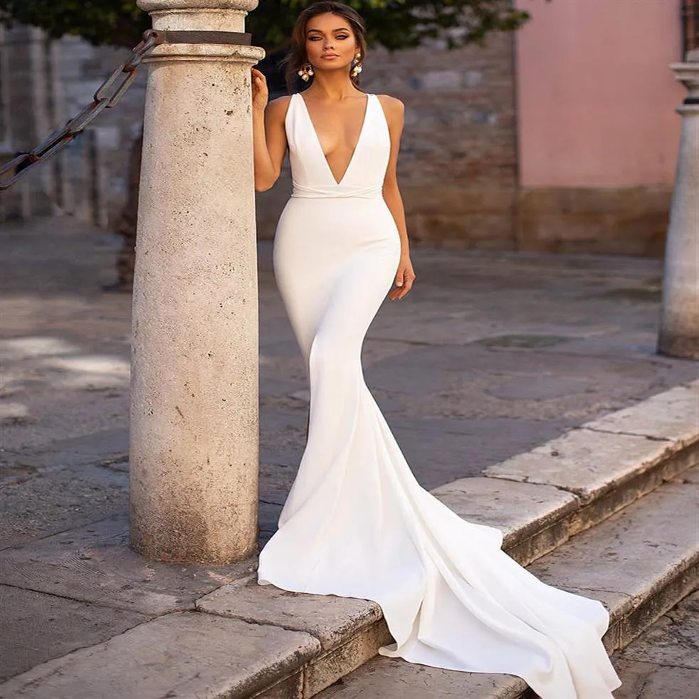 2022 Moda Vestido de Noiva Sereia Elastano Sem Mangas Sexy Decote em V Profundo Vestidos de Noiva Praia Trem Casamento Elegante Boho Noiva G259v