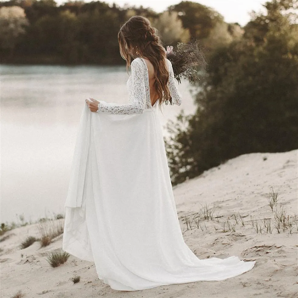 Nouvelle plage robe de mariée manches longues Boho col en V dos ouvert robes de mariée 2019 mousseline de soie dentelle robe de mariée novias291N