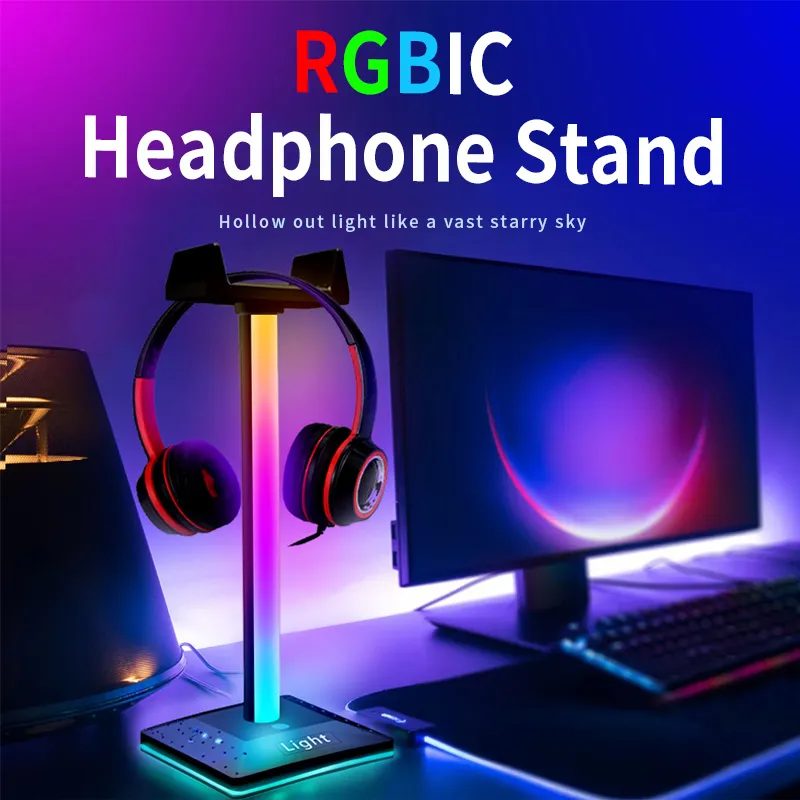 Headphones RGBIC Headset Stand Dreamcolor Lights with Type-c USB Ports Headphone Holder for TV Desktop Gamers Gaming PC Accessories Desk