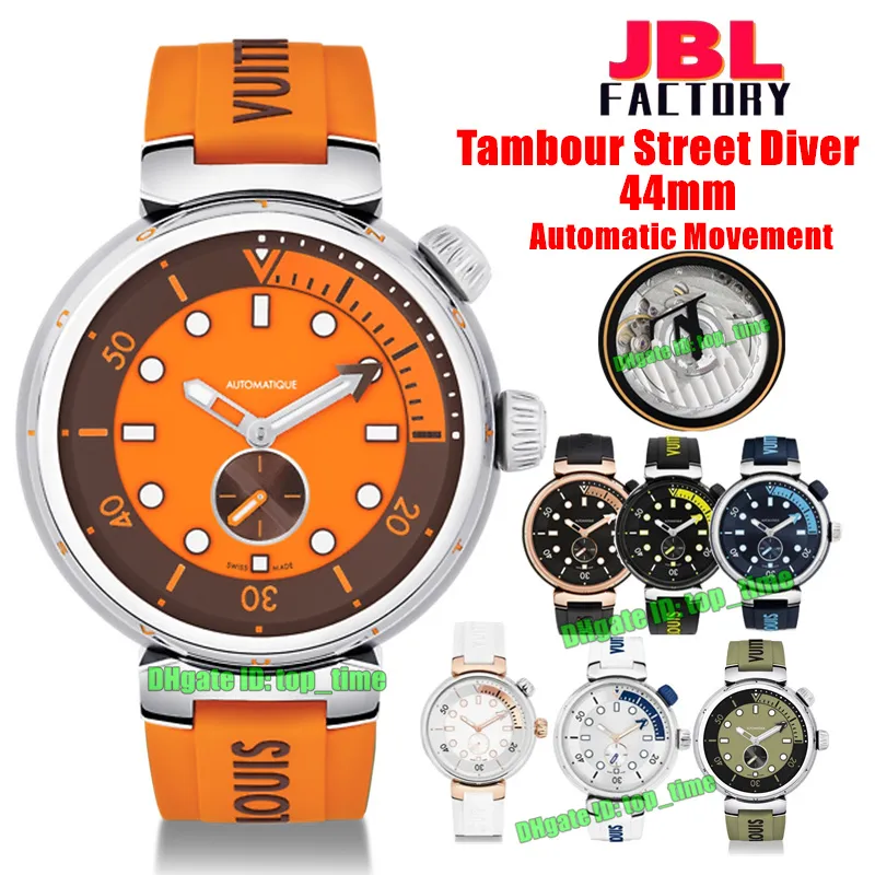 JBL Factory Watches 44MM QBB201 Tambour Street Diver Automatic Mens Watch Orange Dial Rubber Strap Gents Wristwatches