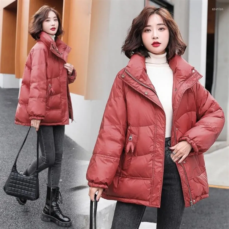 Women's Down Mid-length Jacket Winter Ladies Loose White Duck Stand-up Collar Solid Color Warm Light