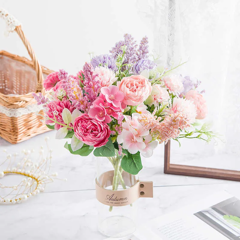 Fleurs séchées artificielles Rose pivoine en soie, Bouquet de mariée de haute qualité, décoration de mariage, fausse plante pour accessoires de maison, artisanat de noël