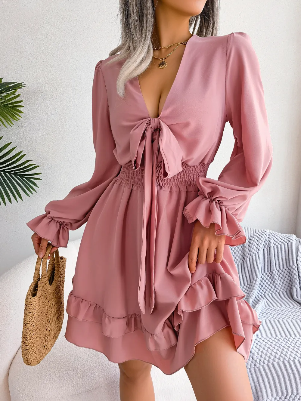 Autumn Women's Chiffon Dress with Bow, Long Sleeves, Ruffles, and Fit and Flare - Casual Nykaa Fashion Dress (2023)