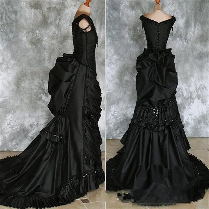 Taffeta kralen gotische Victoriaanse drukte jurk met trein Vampire bal Masquerade Halloween zwarte trouwjurk Steampunk Goth 19e c228Y