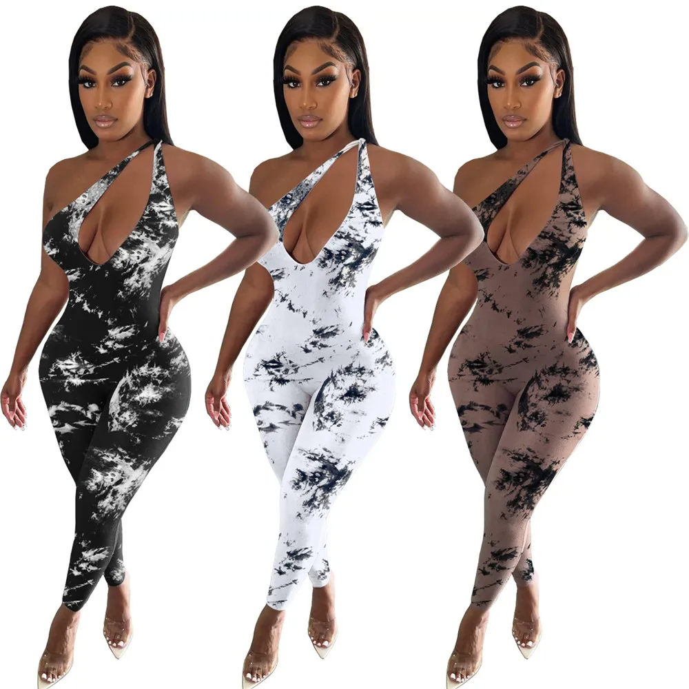 Nowy projektant Sexy Hollow Out Jumpsuits Summer Women One ramię Rompers Casual Rleeveless Tieb Dye Skocz garnitury One Piece Hurtowe ubrania 9958