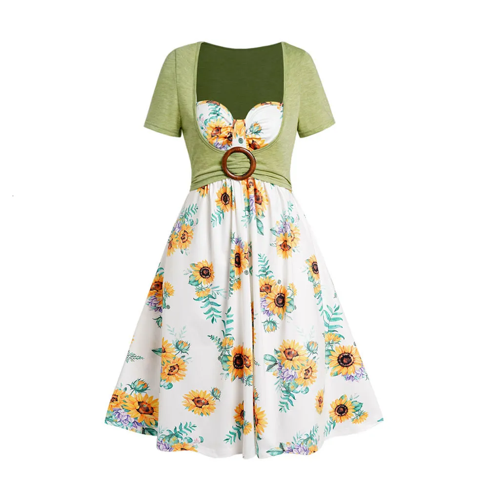 Save Big on Bulk Basic Sundress Women's Summer Casual Dress Sunflower  Print, Short Sleeve, Sweetheart Neck, Colorblock Mini Dress Best Deals on 