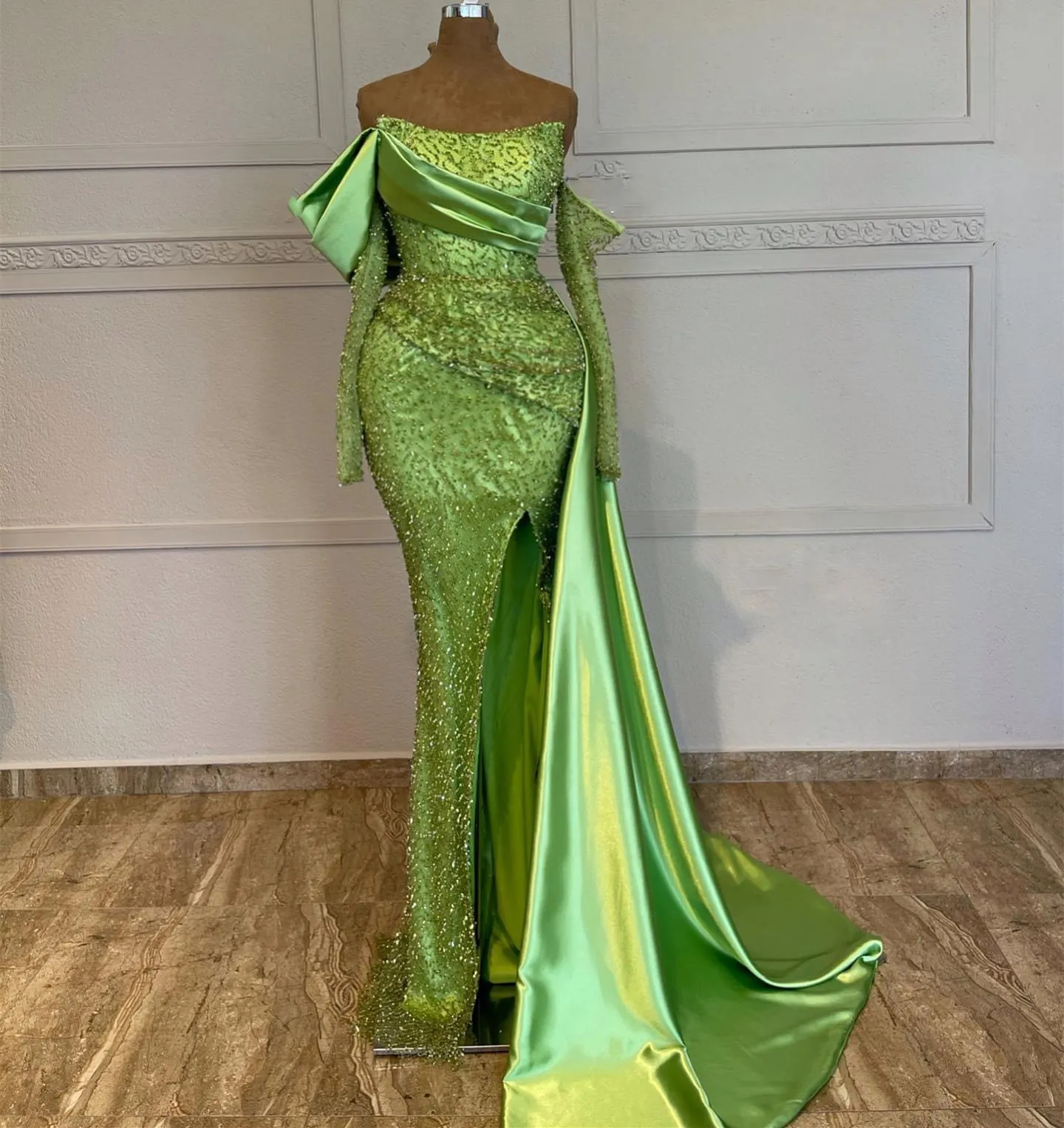 2023 ASO EBI GREEN MERMAID PROMドレススパンコールレースイブニングパーティー2番目のレセプションブライドメイイドエンゲージメントガウンドレスローブDE SOIREE ZJ416