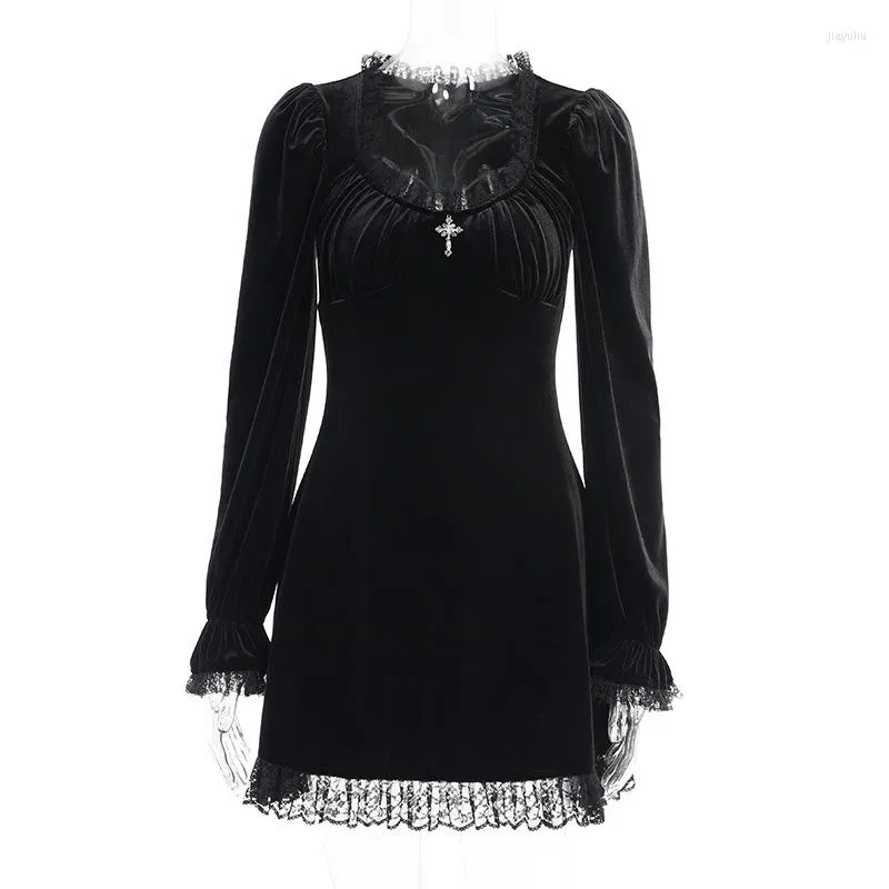 Robes décontractées gothique noir Sexy pentagramme rétro robe esthétique Punk taille haute longue Slieeve Bandage Mini dames fête Goth