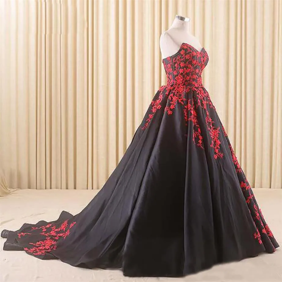 Ballkleid Gothic Schwarz Brautkleider Schatz ärmellos rote Spitze Applikationen Korsett Rücken Vintage Brautkleider2743