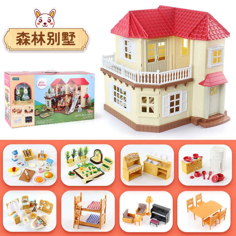 Action Toy Figures Forest Animal Family Dollhouse Furniture Bedroom Kitchen Bathroom Set Miniature Simulation Dolls DIY Toys Girls